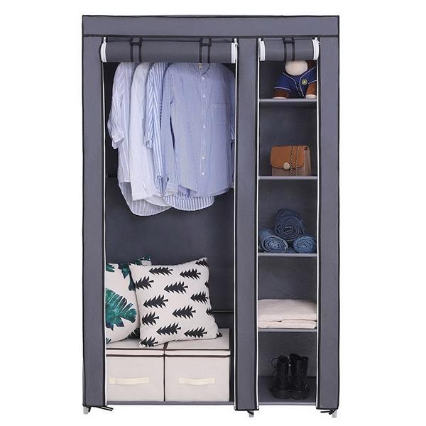 Portable Clothes Closet Wardrobe With Non-woven Fabric And Hanging Rod Quick And Easy To Assemble Gray